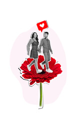 Poster - Vertical collage image of two black white effect lovers hold arms walk huge flower like notification isolated on creative background