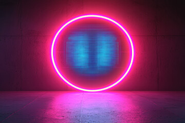 Vibrant neon circle light with abstract blue digital screen on dark textured wall, modern futuristic design, glowing illumination in night setting.