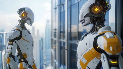 Poster - Highlight robots performing detailed inspections of a high-rise's framework,