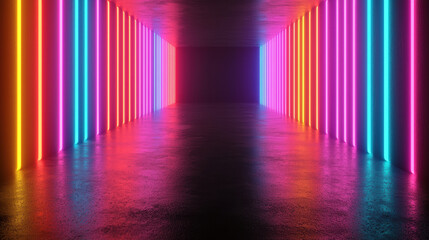 Poster - A vibrant futuristic neon-lit corridor with colorful vertical lights illuminating the walls and reflections on the glossy floor, creating a surreal effect.