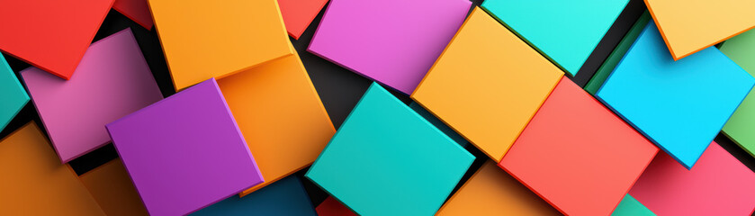 Poster - Colorful abstract geometric background featuring overlapping squares in vibrant shades of orange, pink, blue, and green, creating a dynamic visual pattern.