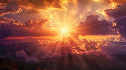 Poster - atmospheric effects of a sunset, such as sun rays filtering through clouds, creating a mystical and ethereal atmosphere.