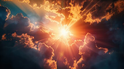 atmospheric effects of a sunset, such as sun rays filtering through clouds, creating a mystical and 