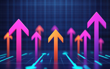 Poster - Colorful arrows pointing upward on a digital grid, symbolizing growth, progress, and success in technology and business. Modern, dynamic illustration.