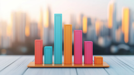 Poster - Colorful bar chart with blurred cityscape background, illustrating data analytics and business growth concepts.