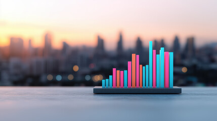 Poster - Colorful  bar graph with a cityscape background at sunset, symbolizing business growth and data analysis in a modern urban setting.