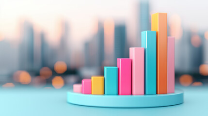 Poster - Colorful bar chart with blurred city skyline in the background, displaying business growth, data analysis, and financial statistics concept.
