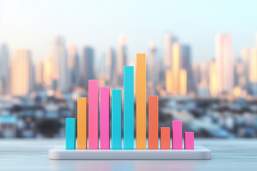Poster - Colorful bar graph on tablet screen with blurred city skyline background, representing data analytics and business growth.
