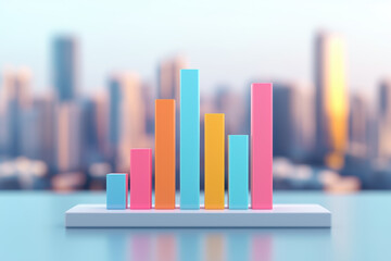 Poster - Colorful bar chart standing out against a soft-focus cityscape background, illustrating data visualization concepts in a modern urban context.