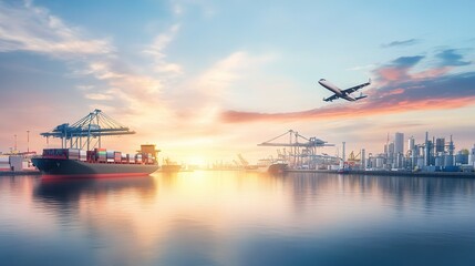 Sunrise over a bustling port with cargo ships and an airplane flying above the waterfront