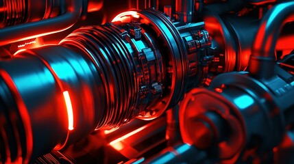 Poster - Detailed view of a futuristic engine component illuminated with red and blue lighting inside a mechanical workshop