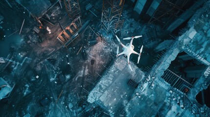 Poster - futuristic integration of drones surveying construction progress from above, emphasizing efficiency.