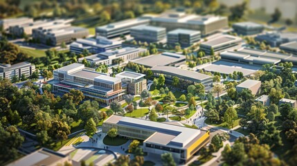 Poster - innovation of a technology campus, with research labs and futuristic buildings amidst landscaped grounds,