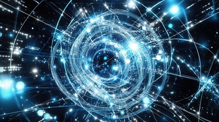 Poster - A dynamic abstract representation of energy waves and particles illuminated in deep space showcasing vibrant blue hues