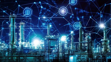 Poster - Advanced industrial facility illuminated at night with digital technology connections and network overlays in a modern manufacturing environment