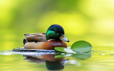 A vibrant mallard duck peacefully floating on a tranquil pond surrounded by lush greenery and lily pads.