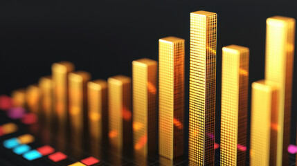 Poster - A golden bar graph representing financial growth and success against a dark background with colorful highlights, symbolizing data analysis and business strategy.