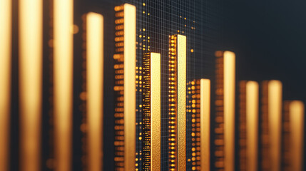 Poster - Digital financial data visualization with glowing bars on a dark background, representing business growth and market analysis.