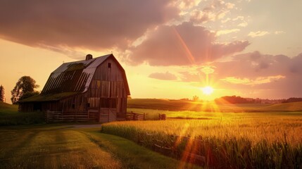 Poster - Highlight the peaceful ambiance of a countryside sunset, with the sun setting behind a rustic barn and expansive fields.