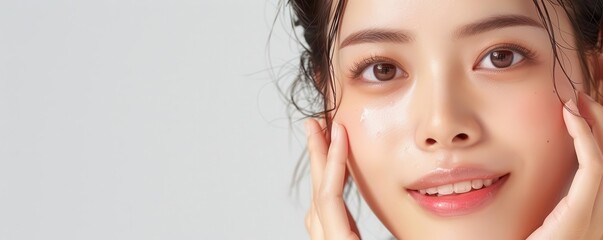 Close-up of an Asian model with fresh, youthful skin, emphasizing her natural beauty and glowing complexion