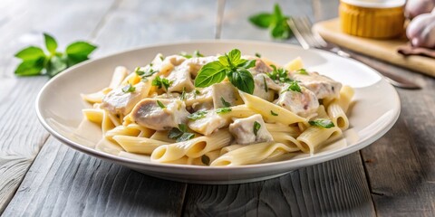 Wall Mural - Creamy chicken pasta in plate , creamy, chicken, pasta, food, dish, meal, plate, gourmet, delicious, creamy sauce