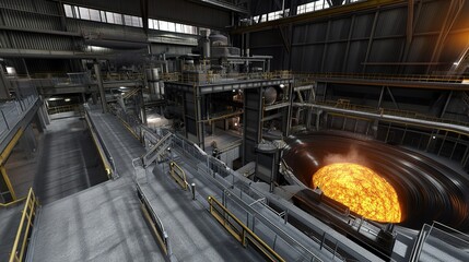 Wall Mural - Industrial facility with large machinery and glowing molten metal in a production environment during daytime hours