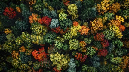 Wall Mural - seasonal changes in a forest, from lush green foliage in spring to vibrant hues of red and gold in autumn, seen from above