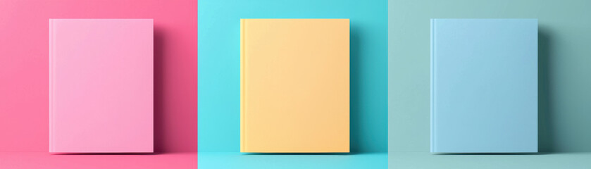 Vibrant image of three colorful books against a pastel background, featuring pink, yellow, and blue covers. Perfect for education or lifestyle themes.