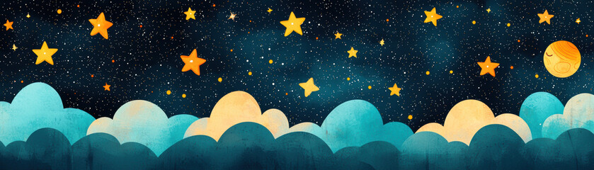 Wall Mural - Whimsical night sky illustration with bright yellow stars, a serene moon, and fluffy blue clouds creating a dreamy and magical atmosphere.