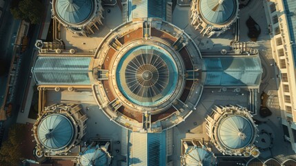 Poster - Highlight the symmetry of a symphony hall's architecture, with its domed roof and grand facade, captured in a detailed aerial background