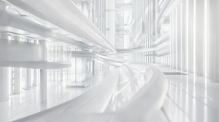 Poster - Futuristic cityscape interior with sleek white architecture and illuminated pathways under bright lights