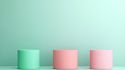Poster - Minimalistic pastel-colored cylindrical podiums on a soft mint green background, perfect for showcasing elegant products in a modern and clean setting.