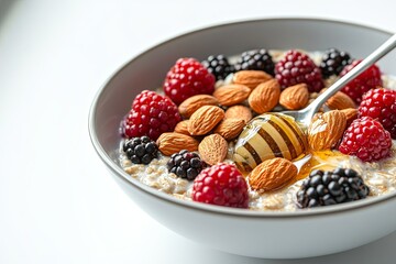 Wall Mural - A healthy breakfast spread featuring a bowl of overnight oats topped with almonds, berries, and honey, with a spoon dipped into the bowl