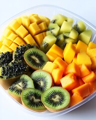 Wall Mural - A vibrant array of freshly cut tropical fruits including papaya, kiwi, and mango in a clear plastic bowl, isolated on a white background, more clarity with clear light and sharp focus, high detailed