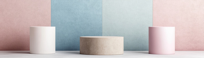 Poster - Minimalistic background with three cylindrical podiums in pastel tones of white, beige, and pink, perfect for product display or showcase design.