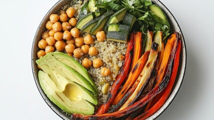 Wall Mural - A beautifully arranged vegan Buddha bowl with quinoa, avocado, chickpeas, and roasted vegetables in a circular container