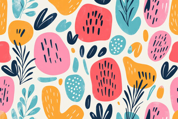 Poster - Colorful abstract pattern with organic shapes and textures in pink, orange, teal, and dark blue on a light background.