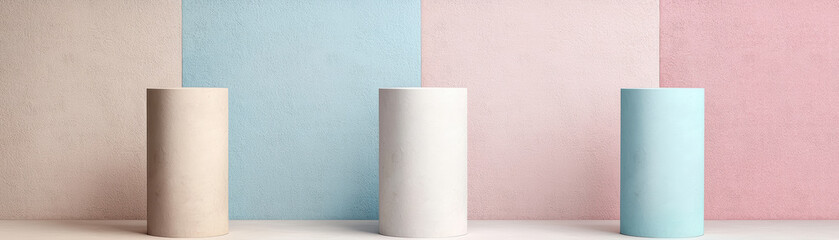 Poster - Minimalist pastel background with cylindrical podiums. Ideal for product display, presentations, or modern design concepts. Soft and elegant color palette.