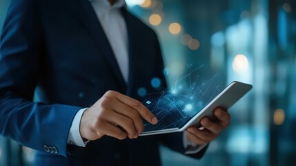 Poster - Improving CRM, a businessman uses a digital tablet to manage customer relationships through network technology.