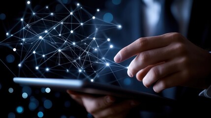 Poster - Improving CRM, a businessman uses a digital tablet to manage customer relationships through network technology.