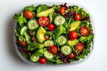 Wall Mural - A vibrant vegan salad with mixed greens, cherry tomatoes, cucumbers, and avocado, neatly packed in a circular plastic container, isolated on a white background, more clarity with clear light and