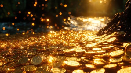 A shimmering treasure trove of gold coins glimmering in the sunlight by a serene stream, perfect for fantasy and wealth themes.