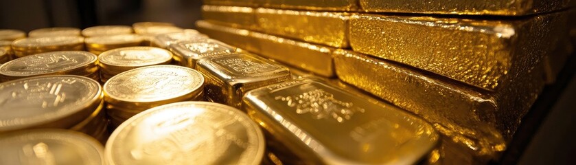 A close-up view of shiny gold bars and coins, symbolizing wealth, luxury, and investment opportunities.