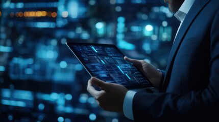 Poster - Integrating AI with blockchain technology and data encryption, a businessman enhances data science and security measures using a digital tablet