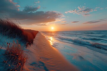 Wall Mural - Serene Sunset Over Tranquil Beach with Gentle Waves and Lush Grass