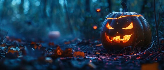 Poster - Spooky carved pumpkin glowing in a misty forest during Halloween night