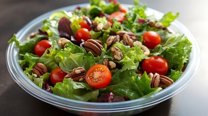 Canvas Print - A clean, isolated image of a fresh, healthy salad with mixed greens, cherry tomatoes, and nuts in a round plastic container, more clarity with clear light and sharp focus, high detailed