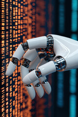 Poster - Futuristic robotic hand interacting with digital data, showcasing advanced technology and artificial intelligence in modern innovation.