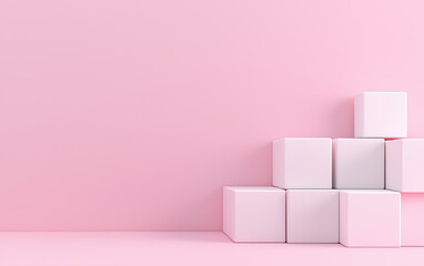 Poster - Minimalistic background with pastel pink cubes stacked in a corner, creating a clean and modern geometric design.