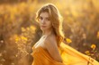 © Jane_S - Portrait of a woman in a sunlit field wearing a yellow dress, capturing a serene and golden atmosphere.